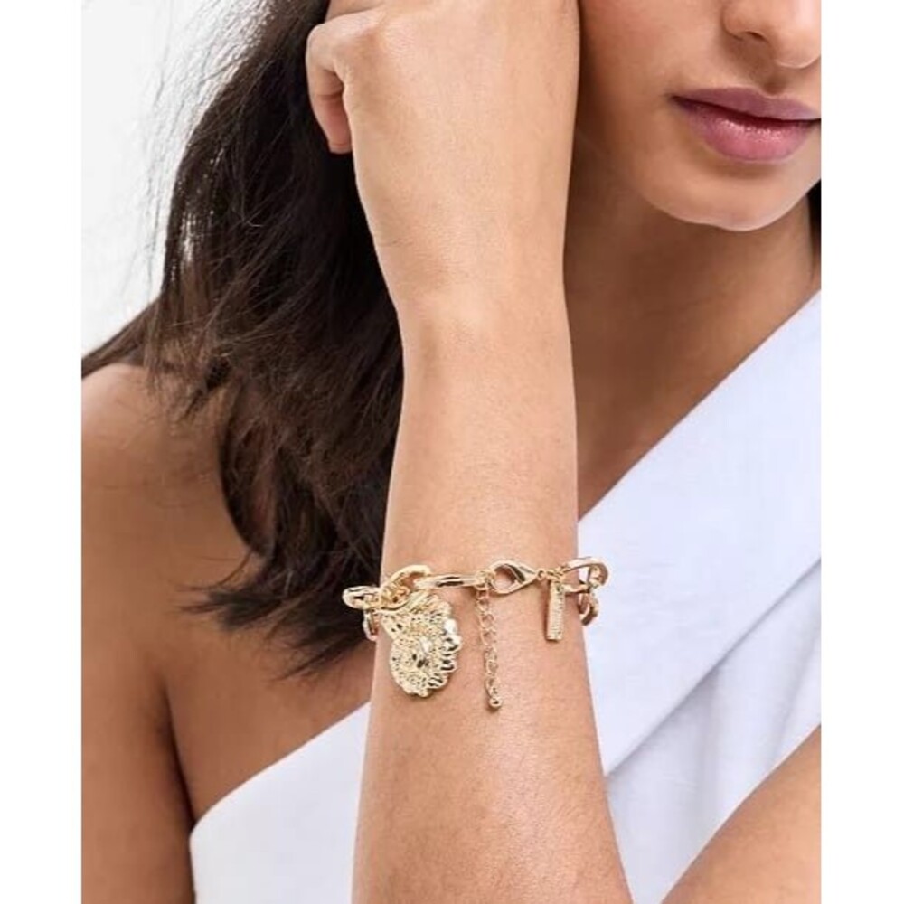 INC Gold Tone Crystal Imitation Pearl Reef Charm Bracelet 8.25”